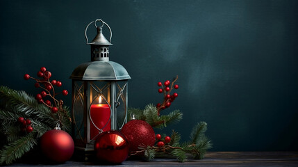 Glowing lantern and red Christmas ornaments on dark backdrop, close up shot, Christmas background illustration.
