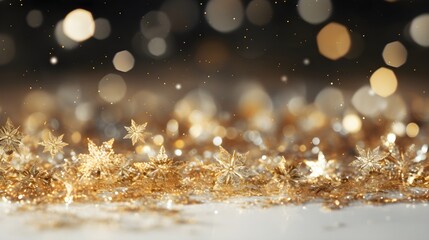 Christmas snowflakes background, gold color, glitter, bokeh, mockup 