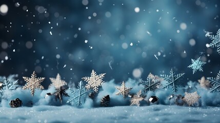 Fototapeta na wymiar Christmas snowflakes background, blue color, glitter, bokeh, mockup 
