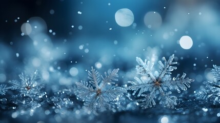 Obraz na płótnie Canvas Christmas snowflakes background, blue color, glitter, bokeh, mockup 