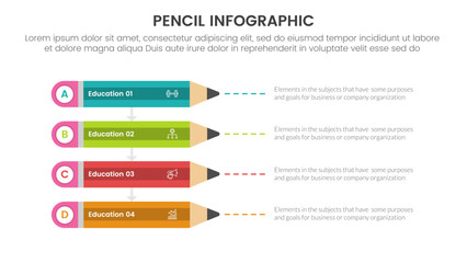 pencil education infographic 4 point stage template with pencil stack with description for slide presentation