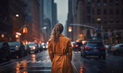 Papier Peint photo Lavable TAXI de new york woman with yellow raincoat at street, blurred city lights background