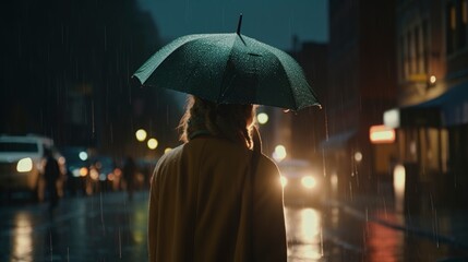 woman with yellow raincoat at street, blurred city lights background