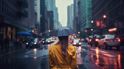 woman with yellow raincoat at street, blurred city lights background