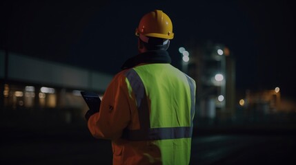 Purchasing manager of Construction site looking at tablet, person from back view, Metal construct skeleton background, night time