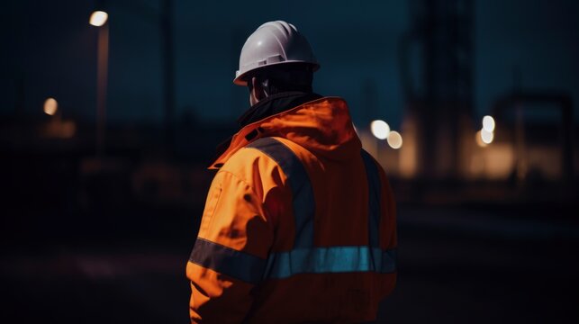 Project Estimator Of Construction Site Looking At Tablet, Person From Back View, Metal Construct Skeleton Background, Night Time