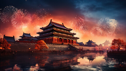 China National Day ancient building background,created with generative ai tecnology. - obrazy, fototapety, plakaty