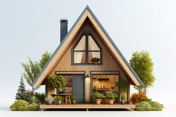 compact cozy gable roof house with wooden walls over a white background