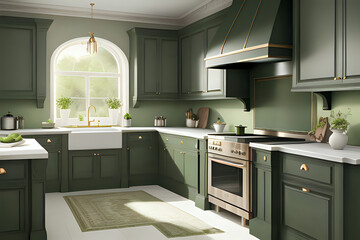Luxury kitchen decor with arch window, interior design and house improvement, bespoke sage green