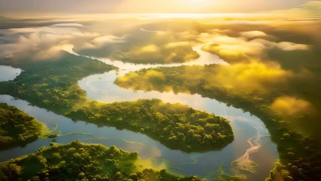 Amazon Rain Forest and River Ecosystem in South America, Stunning Scenic Landscape, Generative AI