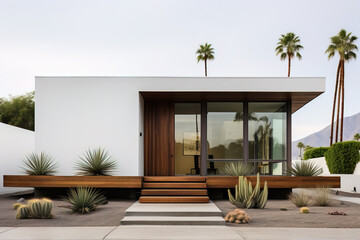 modern house with tall windows with palm trees on the back
