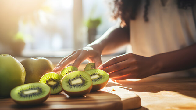 Close up of a black African American woman's hands preparing kiwi fruit 