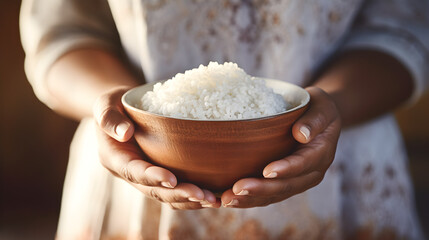Close up of a black African American woman's hands holding a bowl of rice