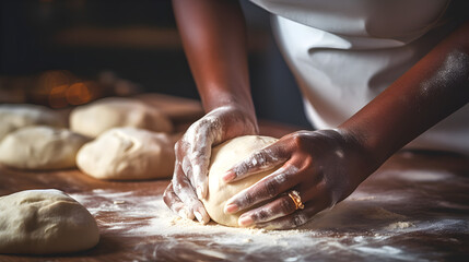 Close up of a black African American woman's hands preparing dough to make bread in a home kitchen  - Powered by Adobe