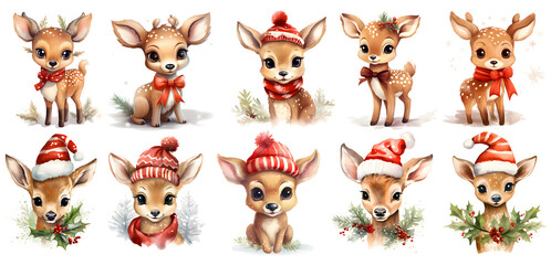 set of cute christmas deer with mistletoe on transparent isolated background for invitation card, generated ai