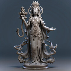 Fototapeta na wymiar Oriental Gods and Buddhas 3d Sculpture,Mystical Goddess: A Stone Sculpture in the Clouds