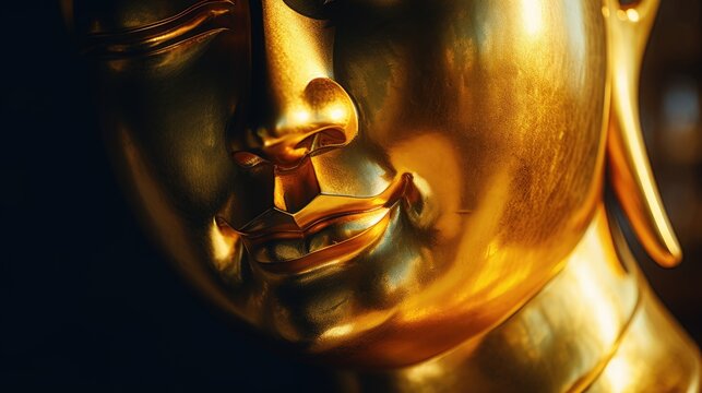 Image of a golden-headed smiling sleeping Buddha face on a black background.