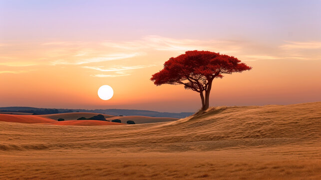 Sunrise or sunset over the landscape with a lonely single tree on a hill in the fields
