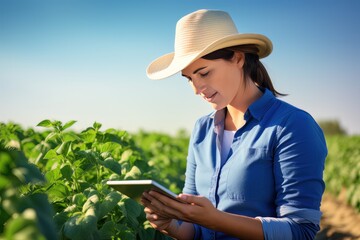 Portrait of Female Farmer Using Tablet in the Farm, Observes and Check Growth Plants, Agriculture Smart Farming Concept