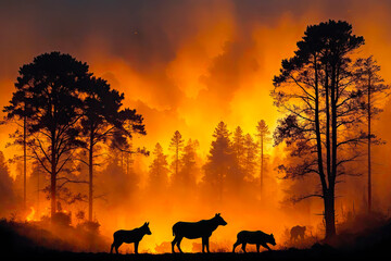 Eco Threat Double Exposure, Wildlife Silhouettes and Forest Blaze, AI Generated