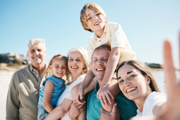 Family, grandparents and children in beach selfie, smile or bonding for love, sunshine or memory on...