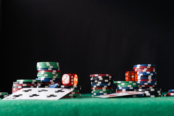 Close-up of poker chips and dollars on a green poker table.Poker concept. winning concept.
