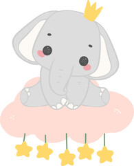 Baby shower elephant, cute elephant on cloud