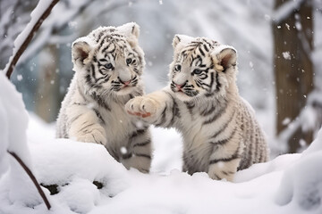 Obraz premium Two tiger cubs are playing in the snow