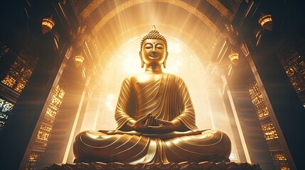 Golden Buddha statue with splashes of light , Buddha statue used as amulets of Buddhism religion - obrazy, fototapety, plakaty
