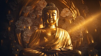 Fototapeta premium Golden Buddha statue with splashes of light , Buddha statue used as amulets of Buddhism religion