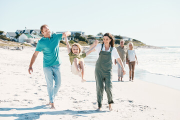 Walking, adventure and family generations on a beach together on vacation, holiday or weekend trip....