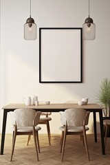 Mock up poster in modern dining room interior design with beige empty walls, Generative AI 