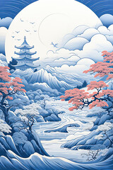 Serene Harmony: A Traditional Japanese Landscape in Blue and White