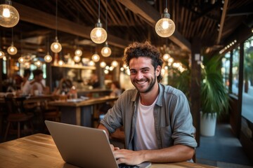Fototapeta premium Laughing Mel freelancer, online blogger working on laptop computer in coffee shop.