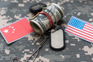 Military ID tags with USA flag on uniform background