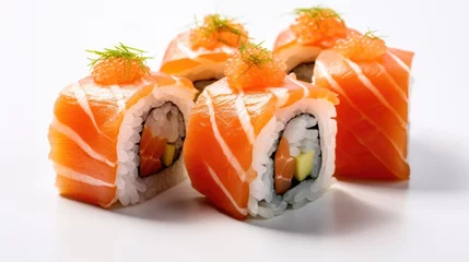 Fotobehang Photo salmon sushi on a white background nigiri, maki, sushi roll, sushi set © suphakphen