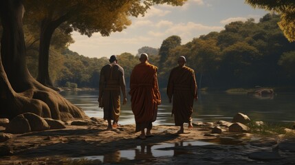 3 monks trekking in a wilderness, river, with an elephant following behind them