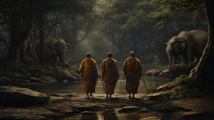 Fototapeten 3 monks trekking in a wilderness, river, with an elephant following behind them © somchai20162516