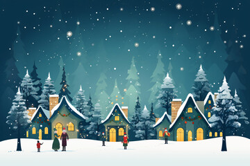 Christmas winter night landscape with snowy pine trees, houses and people. Generative ai - 648769914
