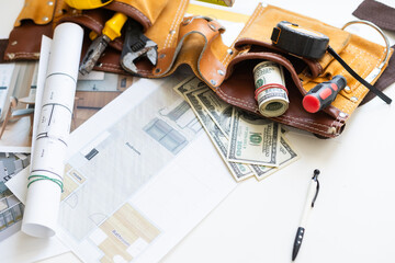 Hammer on the background of drawings. Isolated. White background. Translation: construction of the...