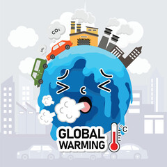  Global warming from Air pollution increase temperature earth. Climate change Global warming concept vector illustration. .