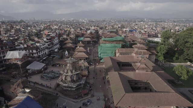 Nepal Patan Durbar Square Aerial Shot Forward Fly Over Log - World Heritage Site