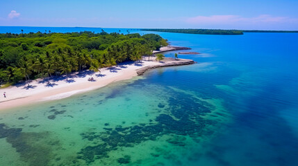 Tropical island hopping, clear blue waters, aerial view, vibrant beach colors.