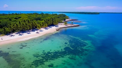 Tuinposter Tropical island hopping, clear blue waters, aerial view, vibrant beach colors. © Kosal