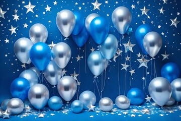 Space balloons photo zone with blue and silver stars for child kids birthday party decor. Holiday decoration. Children party background