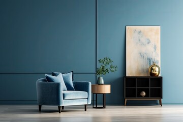 Living Room interior with blue velvet armchair and cabinet, Generative AI 