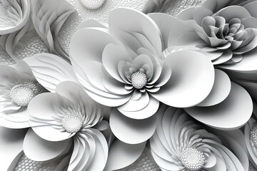 3d mural illustration wallpaper with flower . fractal digital background with white circles . Graphical modern art .