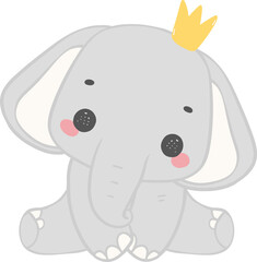 Cute elephant, kawaii baby elephant with crown