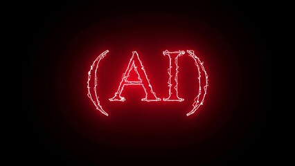Red color abstract neon glowing AI neon text icon on black backgrtound.