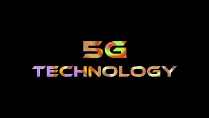 5G technology text on black background. Multicolored glossy technological word written on black.